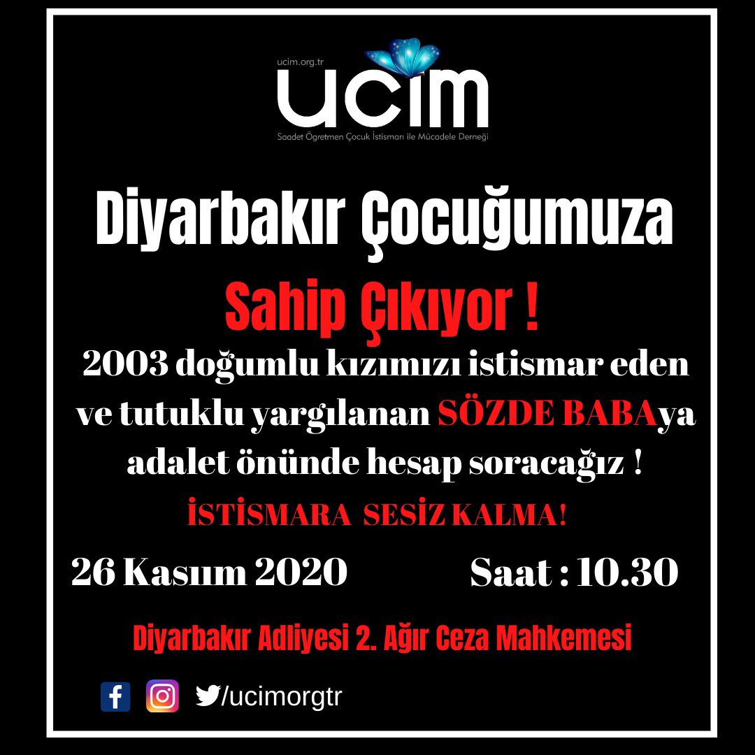 #Diyarbakırçocuğunasahipçık !
2003 doğumlu kızımızı istismar eden ve tutuklu yargılanan sözde babaya adalet önünde hesap soracağız
@saadetozkan <a href="/yucelceylan/">yuceyucel</a> <a href="/semra_yansit/">Semîramîs</a>