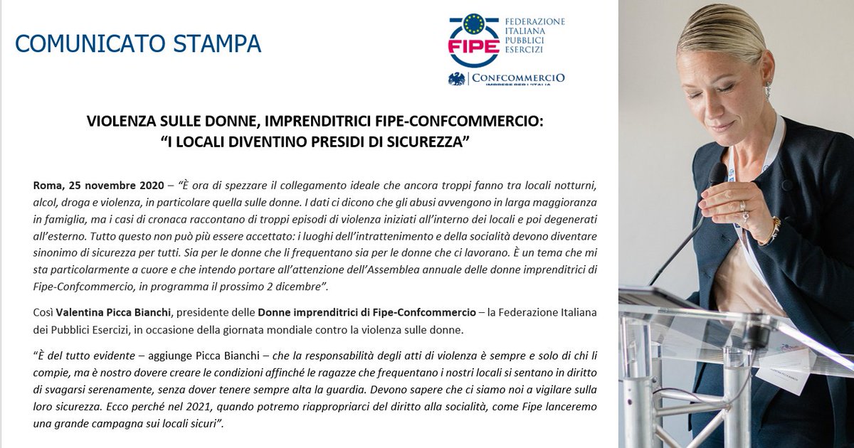 #violenzacontroledonne <a href="/valentinapiccab/">VALENTINA PICCA B</a> Presidente Gruppo #DonneImprenditriciFipe
 “I locali diventino presidi di #sicurezza"
fipe.it/comunicazione/…