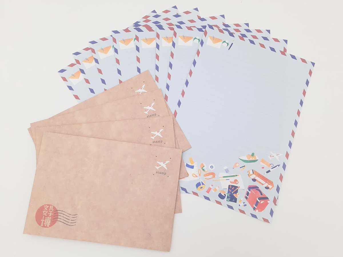 文具女子博 A Twitter 文具女子博 オリジナルグッズ情報 オリジナルグッズ紹介第6弾 オリジナルレターセット と 文具女子博オリジナル切手を販売します ときめきの文具旅 モチーフのエアメール風の便箋でぜひ友人へお手紙を描いてみませんか 84円切手