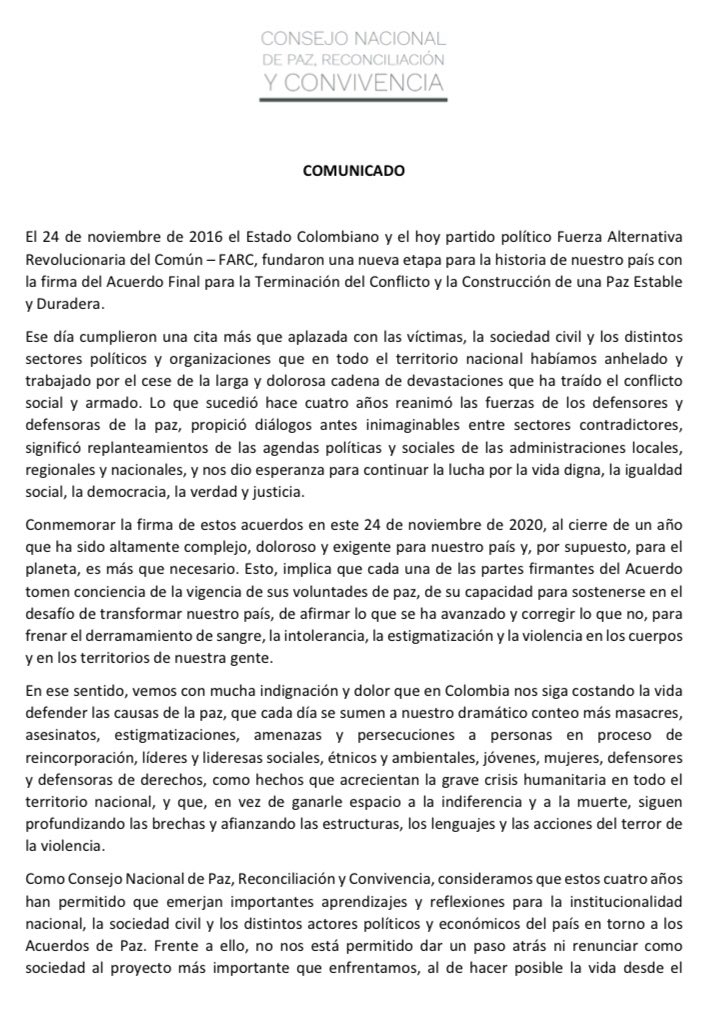 ConsejoPaz's tweet image. Comunicado a la opinión pública del Consejo Nacional de Paz, Reconciliación y Convivencia.