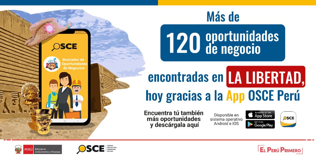 OECEPeru's tweet image. 🔈¡Proveedor! ¡Encuentra tu oportunidad de negocio con la #AppOSCEPerú!
📲Hoy existen 3518 procedimientos de selección con el Estado en todo el país.

📌En La Libertad hay 126 convocatorias vigentes (46 son para bienes, 21 para servicios, 39 para obras y 20 para consultorías).