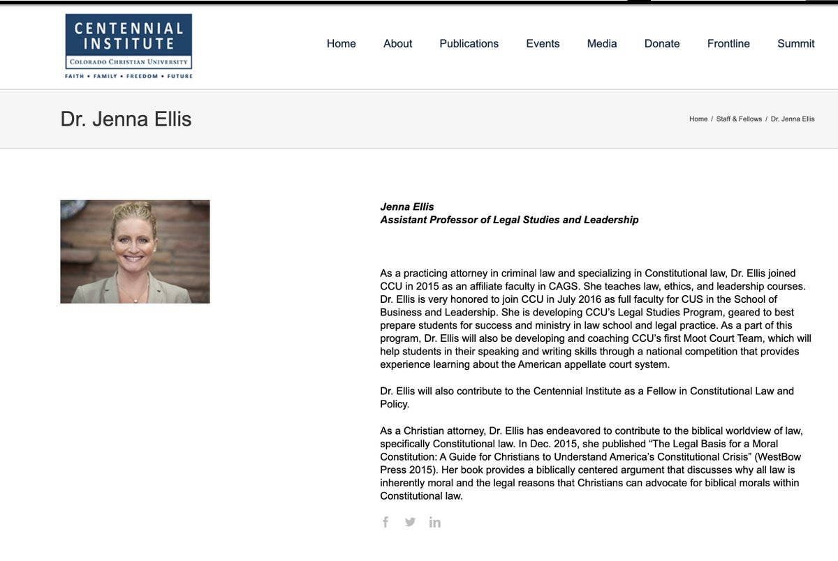 2/ Ellis appears to have held an "affiliate faculty" position at CCU. But notably on her page there she goes by "Dr. Jenna Ellis". I assume this a reference to her law degree, a JD or Juris Doctor. But I don't know anyone who uses a JD to go by "Doctor".