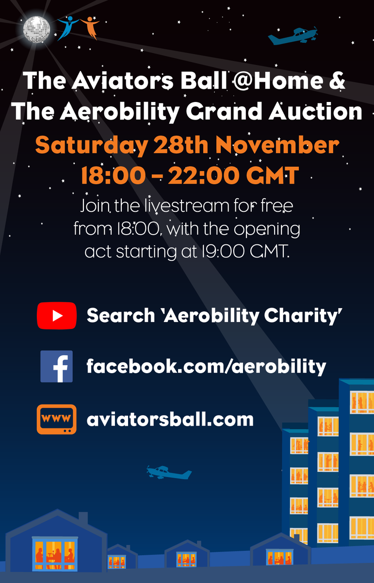 Aerobility's tweet photo. We hope to 'see you' this Saturday for an evening of celebration and entertainment at our Aviators Ball. The event is free to view and will be online via our website and social media channels.
Here's how to join in the fun!
#AviatorsBall #Online #Entertainment #Charity https://t.co/9t0w8XVb7o