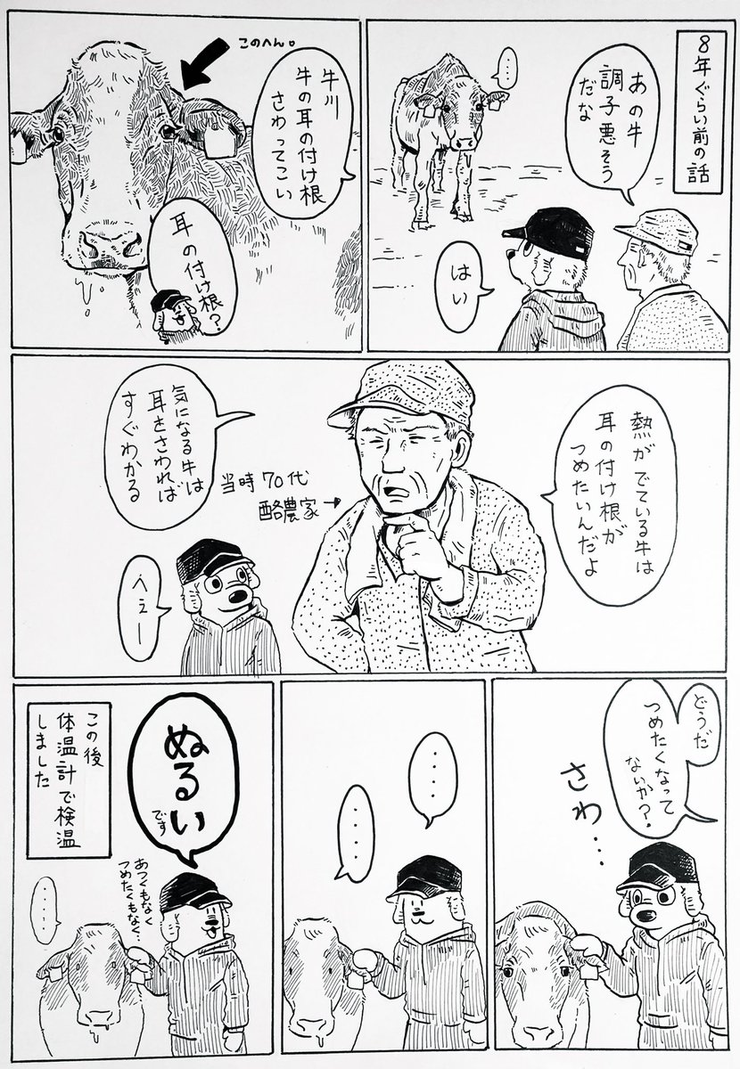 昔の話。

※注意※
きちんとした根拠を見つけられなかったので、ただの体験談として読んでもらえると有り難いです。

牛の耳の付け根を触って体調をチェックするおじいさんがいました。
この時の自分にはよくわからなかったけど、牛飼いを極めたらわかるようになるのだろうか…? 