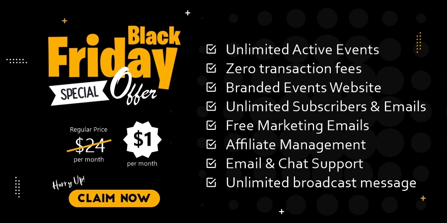 allevents_in's tweet image. We have come up with an exciting Black Friday deal for event organizers.
Get advanced marketing and productivity features with professional plan at $1 only.
Check out this offer:
allevents.in/pages/pricing?….

#BlackFridayDeals #BlackFriday #eventprofs #eventplanning 
#EventMarketing