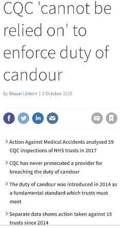 mandatenow's tweet photo. @Richard_Scorer Duty of candour doesn't work. It applies only to the management of the #RegulatedActivity i.e. Trust Boards in the NHS. It was intro'd following the recommendation of Sir Robert Francis QC. It is an expectation i.e. a pretend duty for the easily pleased @BaronessEB. See HSJ https://t.co/LJjzyeKHOb