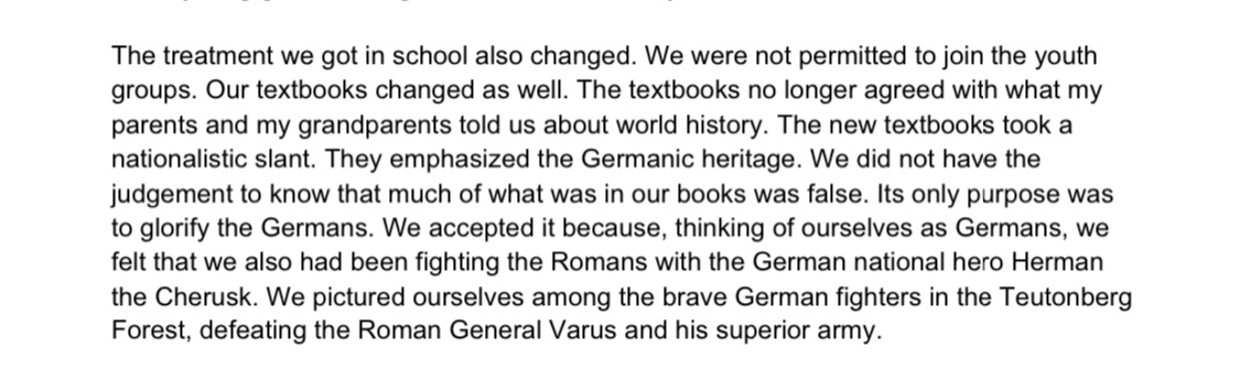 Rudy describes some of the changes that took place after Kristallnacht. It is notable that Trump is attempting to launch an American social studies curriculum that mirrors the Nazi model. 25/