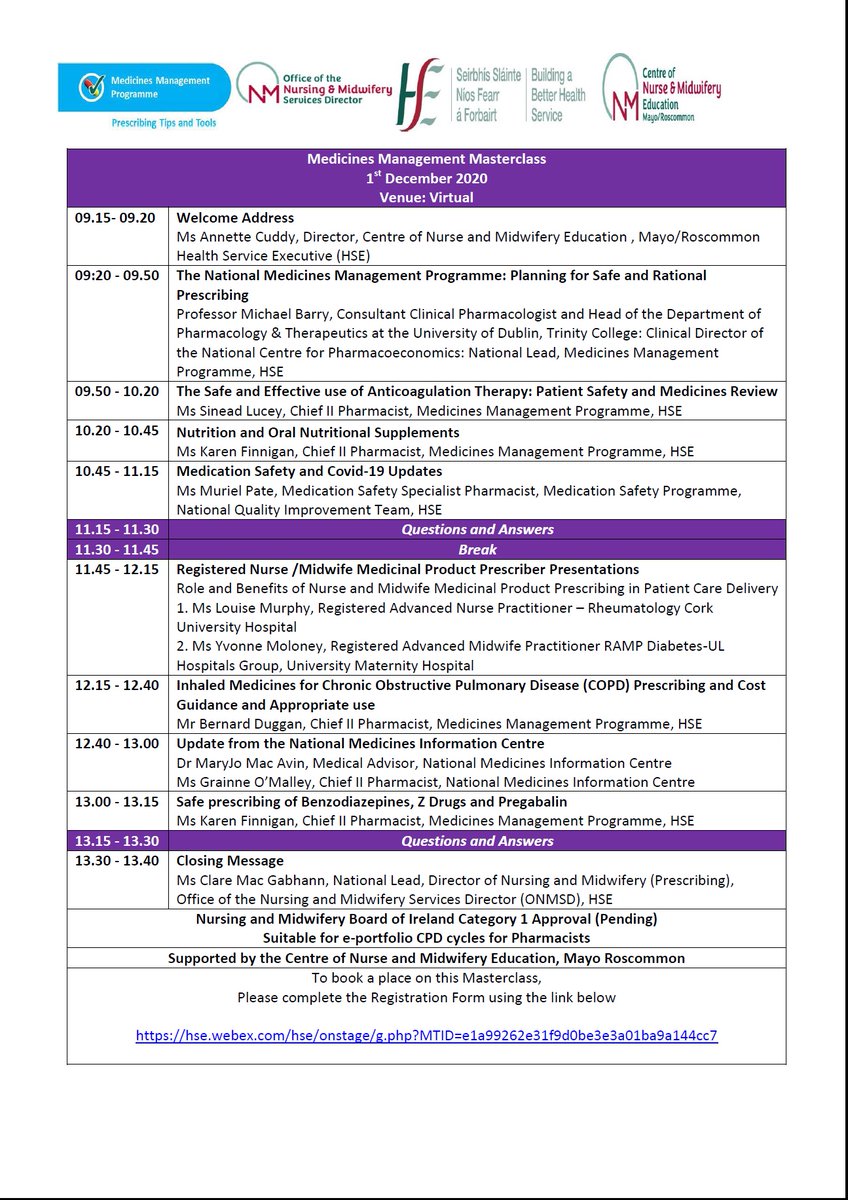 Medicines Management Virtual Masterclass 1st December. See attached flyer for details <a href="/CUH_Cork/">Cork University Hospitals</a> <a href="/HospitalMallow/">Mallow General Hospital</a> <a href="/Mercycork/">Mercy University Hospital Cork</a> <a href="/SIVUH/">South Infirmary Victoria University Hospital</a> <a href="/uhknursing/">UHKNURSING</a> <a href="/UHW_Waterford/">Univ Hosp Waterford</a> <a href="/NurMidONMSD/">ONMSD</a> <a href="/NMPDUKilkenny/">NMPDU Kilkenny</a> <a href="/uccnursmid/">UCC School of Nursing & Midwifery 🌈</a>