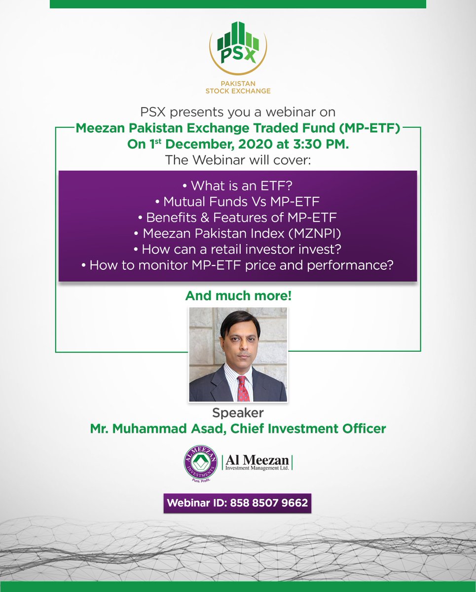pakstockexgltd's tweet photo. Lock the dates for the detailed virtual session on the Meezan ETF and why you should invest in it. Join us on 1st December 2020 at 3:30 PM.

Register now: https://t.co/QhYzx3jc2A

#PSX #PSXWebinar #MPETF https://t.co/9zuNcFYjIG