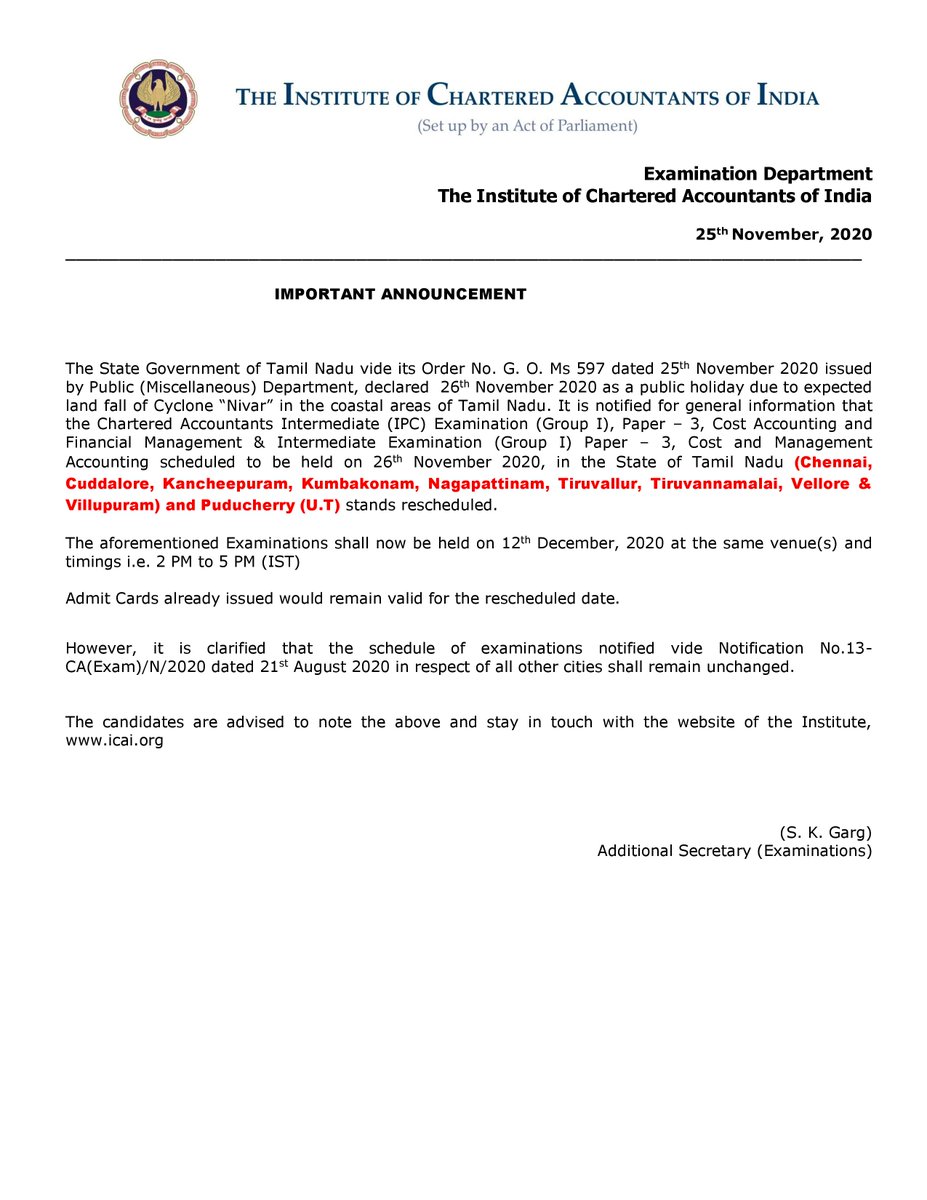 theicai's tweet photo. Important Announcement for Examinees in some cities of State of Tamil Nadu and U.T. of Puducherry with regards to ICAI November 2020 Examinations to be held on 26th Nov 2020 in view of the Nivar Cyclone.
For details
https://t.co/Lp4KqjeFQu https://t.co/Z8ZqXdrVjz
