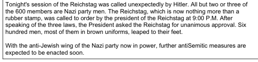 The Nuremberg Laws were rubber stamped by a complicit government during an unexpected session at the Reichstag. It was announced to cheers. Rubber stamps are dangerous. Especially rubber stamps for malignant narcissistic sociopaths. 27/