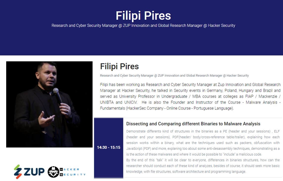 FilipiPires's tweet photo. Join us on November 26th at 14:30 PM GMT+2 (9:30 Brazilian time) and I'll be talking @MaydayConf about:
“Dissecting and Comparing different Binaries to Malware Analysis”

Book your seat: https://t.co/zNxu1Yrcvn

@ZupInnovation &amp; @HackerSec 
#cybersecurity #malware #gozup #hunting https://t.co/UfuDbtGELB