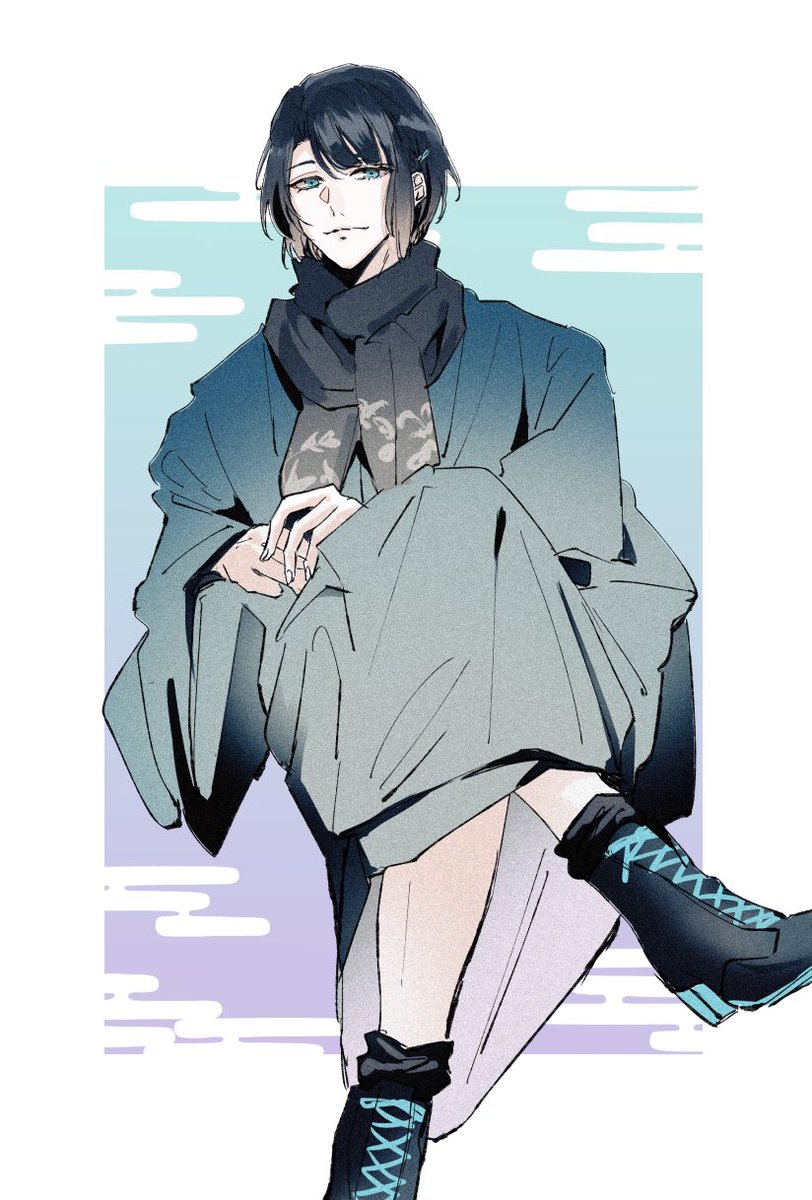 1boy male focus solo japanese clothes black hair scarf sitting  illustration images