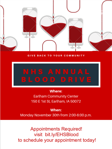 Looking for a good way to give back this holiday season? Consider donating blood! NHS is hosting a blood drive on Monday, November 30 from 2:00-6:00 PM at the Earlham Community Center. 

Visit bit.ly/EHSBlood to make your appointment today!