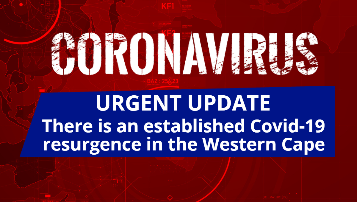 WesternCapeGov's tweet photo. ⚠️ URGENT COVID-19 UPDATE: There is an established COVID-19 resurgence in the Western Cape. We need your help protect our health system. Read the full release by Premier Winde here: https://t.co/wOWvCqcXOH #covid19 #coronavirus https://t.co/z0jP5eygVY