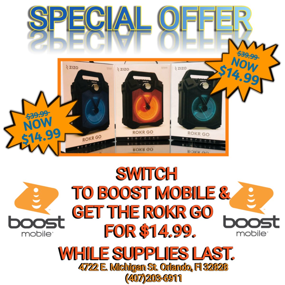 BoostMichigan's tweet image. The Rokr GO is our Thanksgiving promotion speaker.

For a port in or new activation they can purchase this speaker for $14.99. 

Reg. $39.99. 

11/23-11/30.