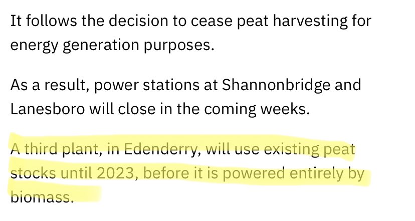 Finally Edenderry power station: in 2013/14  @AnTaisce &  @FIEIRELAND challenged its permission.  @AnTaisce won; ultimately BNM got fresh permission but had 7 years shaved off - permission expires in 2023.RTÉ blithely said y’day that Edenderry will then switch to 100% biomass...