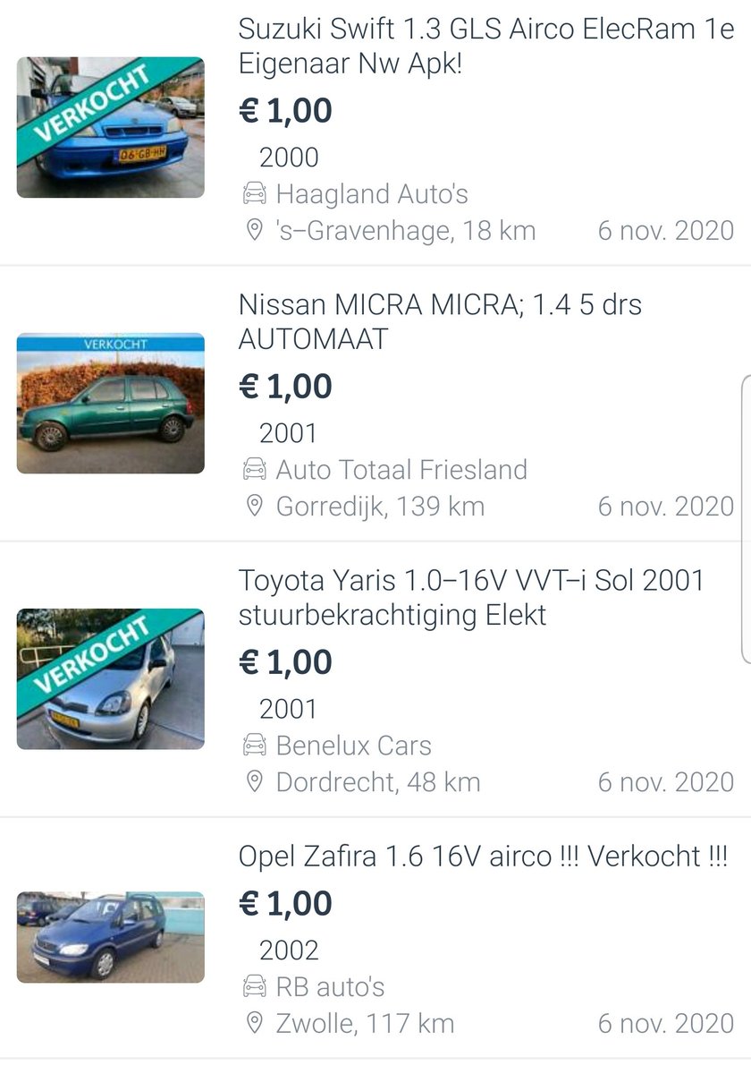 JartBanssen's tweet photo. Pagina's vol met auto's die al verkocht zijn. Fijne website (of app) vervuiling zo. @Marktplaats, doe nou ook eens een keer wat aan die prijzen. Aanbieden voor 1 euro is gewoon pure misleiding. Geen lol meer aan zo. #Marktplaats #auto #AutoTeKoop #verkocht #oplichters https://t.co/dR91vlONHk