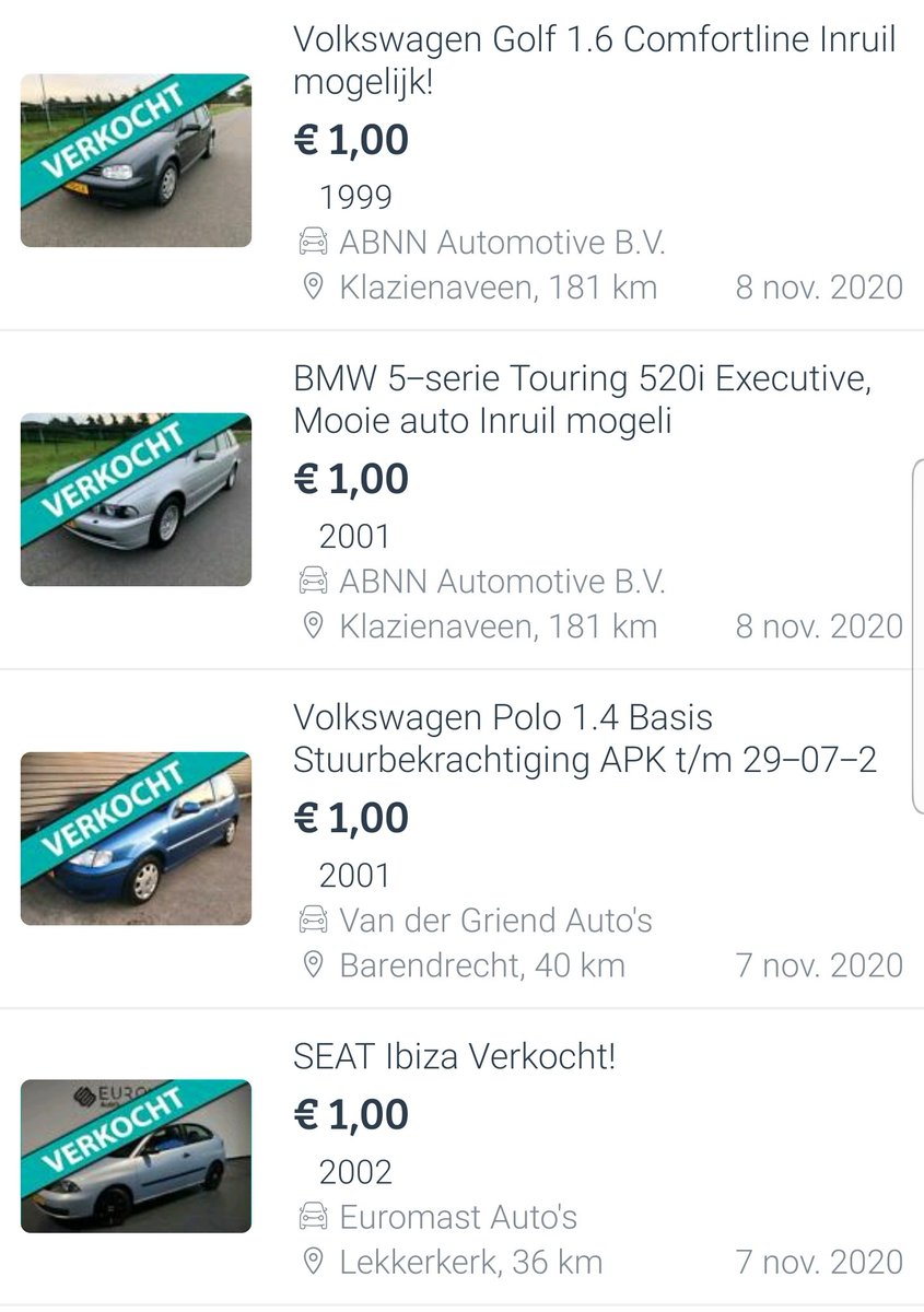 JartBanssen's tweet photo. Pagina's vol met auto's die al verkocht zijn. Fijne website (of app) vervuiling zo. @Marktplaats, doe nou ook eens een keer wat aan die prijzen. Aanbieden voor 1 euro is gewoon pure misleiding. Geen lol meer aan zo. #Marktplaats #auto #AutoTeKoop #verkocht #oplichters https://t.co/dR91vlONHk