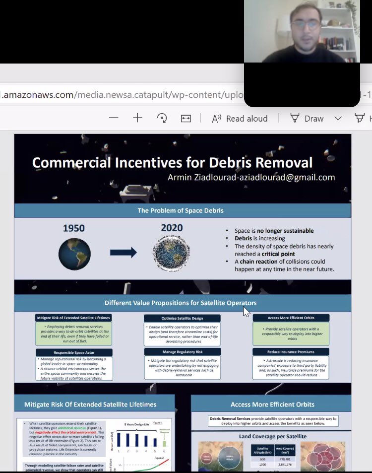 Great presentation from @ziadlourad talking about his internship experience with @astroscale_HQ! Armin worked on a number of key projects, 2xIAC papers & modelling commercial incentives for debris removal. Thanks to @spacegovuk for supporting this SPINternship #spacesweepers 1/3