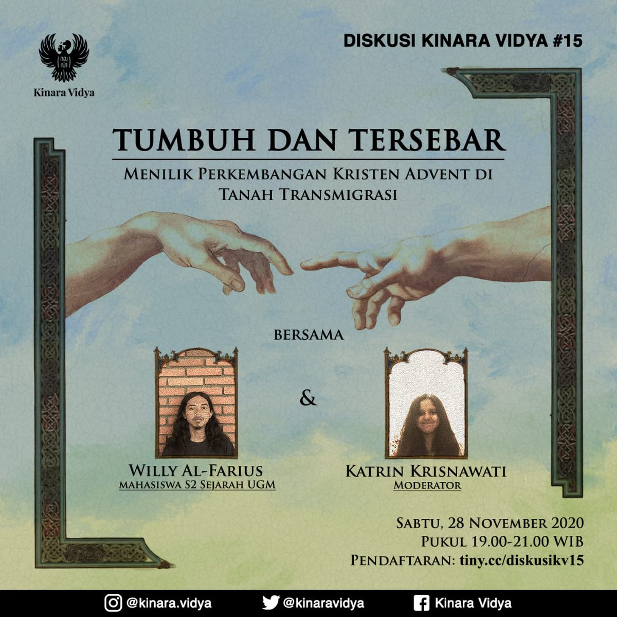 Dalam rangka menyambut Natal satu bulan mendatang, Kinara Vidya mengundang Bung <a href="/jalurgaza_/">Willy Alfarius</a> untuk berdiskusi mengenai kelompok minoritas yg mungkin banyak orang tidak mengetahui eksistensinya di Indonesia. Sila mendaftar pada link tiny.cc/diskusikv15 ~