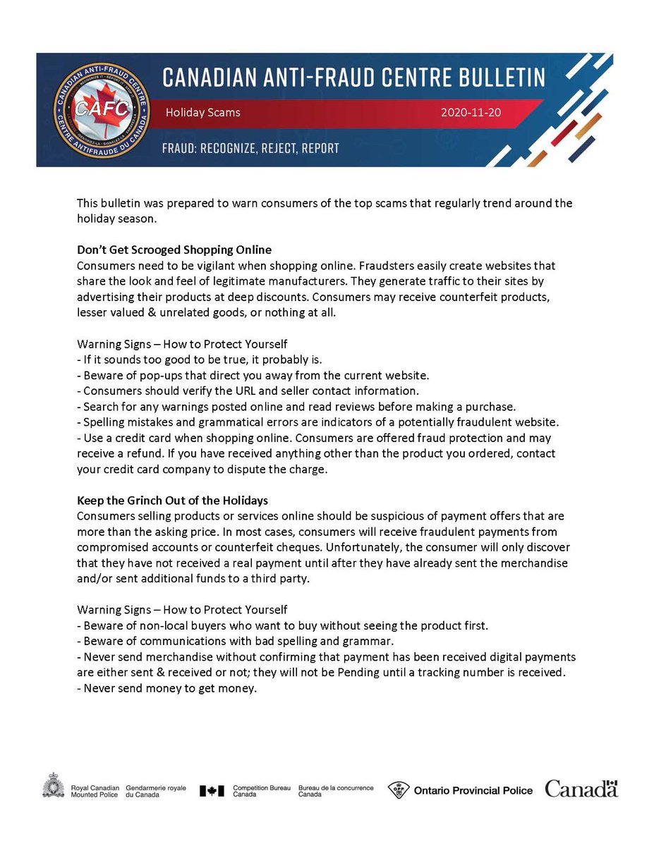 canantifraud's tweet photo. Expect more online scams these #holidays; especially for #BlackFriday &amp; #CyberMonday due to #COVID19 adding a layer of vulnerability. Keep your eyes peeled for the top 3 holiday scams. We'll be sharing even more holiday scams with our 12 days of scams starting next week. https://t.co/YFtRXqrmhQ