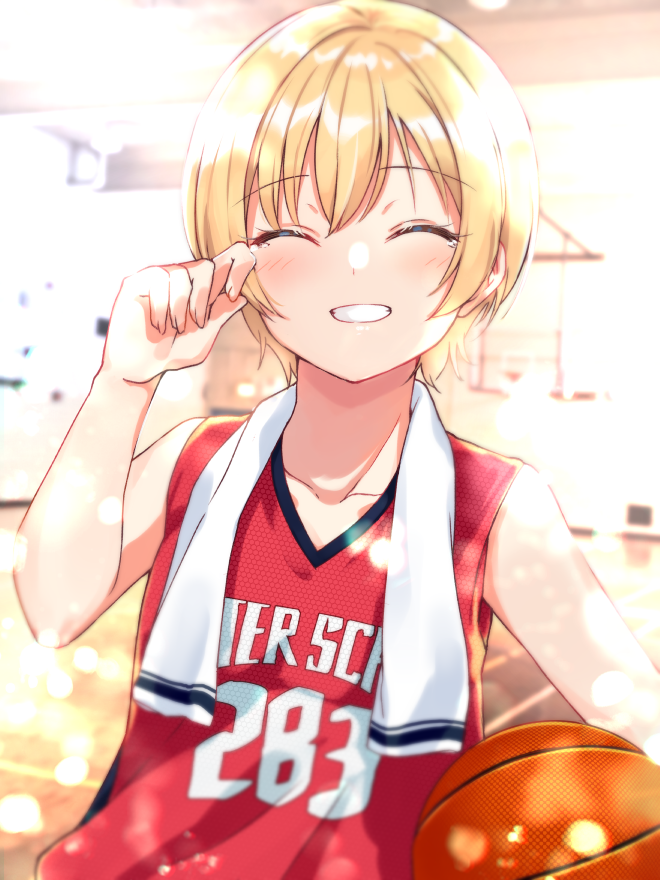 saijo juri 1girl basketball basketball uniform short hair blonde hair solo closed eyes  illustration images
