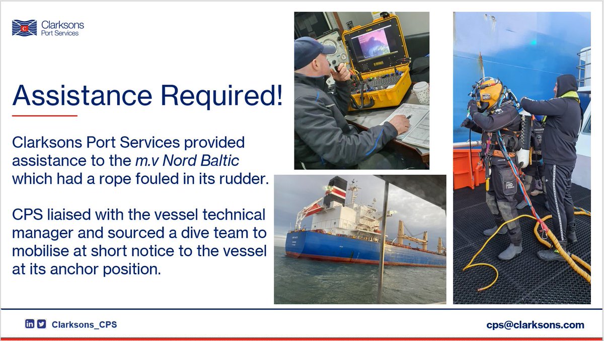 Clarksons_CPS's tweet photo. *Short Notice Requirement* CPS provided assistance to the m.v Nord Baltic who required a #diving team to remove a rope fouled in the rudder. The CPS team in Tyne quickly set to work and provided a solution to the #vessel. #clarksons #clarksonsportservices #shipping #divingsupport https://t.co/nt2XHYdPzr