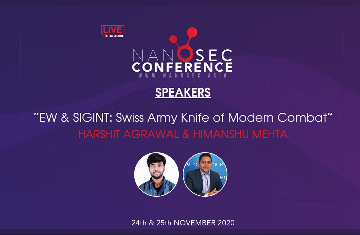Harshitnic's tweet photo. Delighted to speak at @nanosec_asia today, on topic of "EW &amp; SIGINT: Swiss Army Knife of Modern Combat" along with @nullvoid0x. 

#nanosec #cybersecurity #electronicwarfare #Signalintelligence #spectrumwarfare #cuas #cyberwar
#defence #infosec https://t.co/FDQmHuN6ui