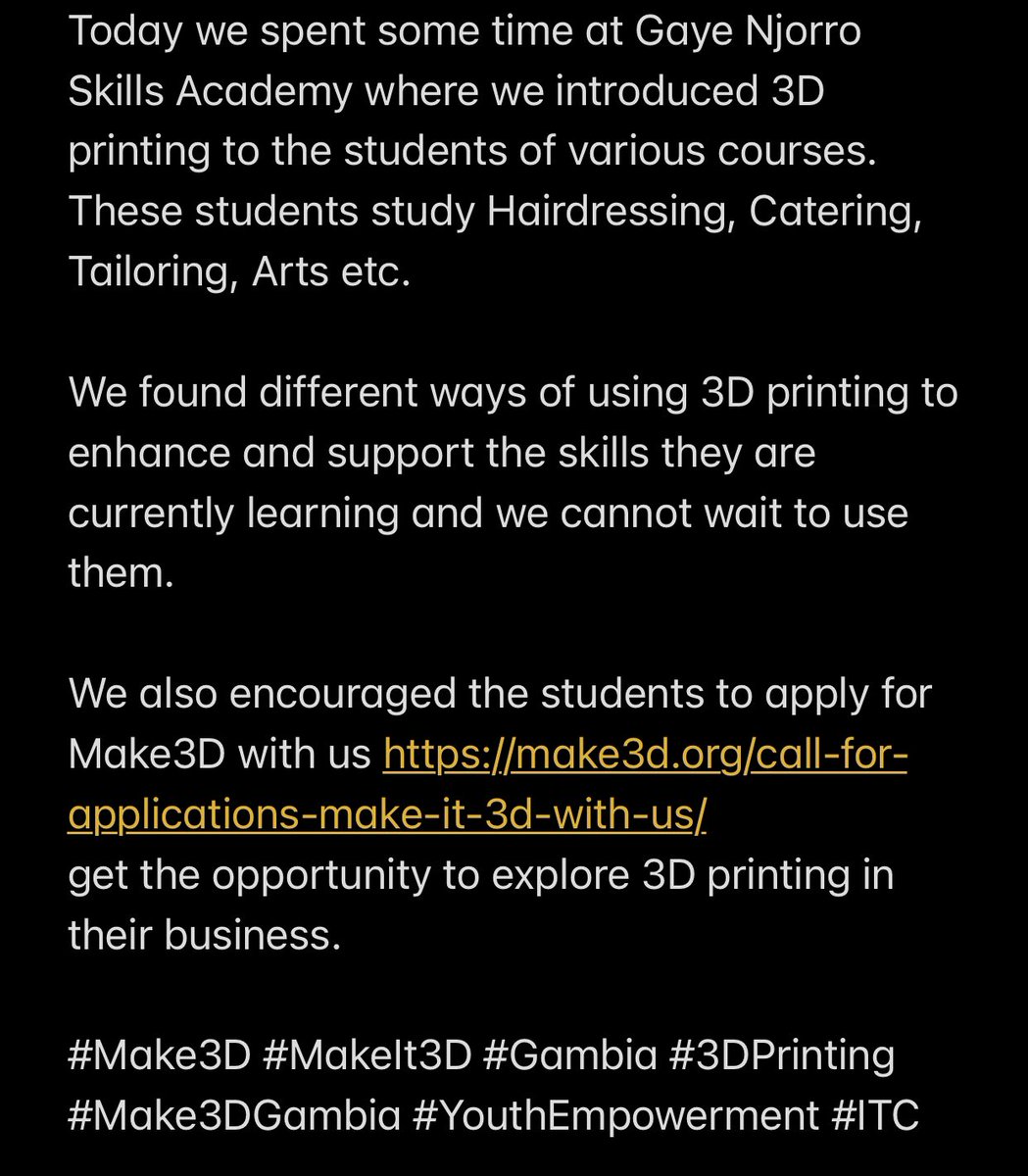 make3dgambia's tweet photo. We also encouraged the students to apply for Make3D with us https://t.co/BWk8bcb50U 
get the opportunity to explore 3D printing in their business. 

#Make3D #MakeIt3D #Gambia #3DPrinting #Make3DGambia #YouthEmpowerment #ITC https://t.co/913qtpf2Ox