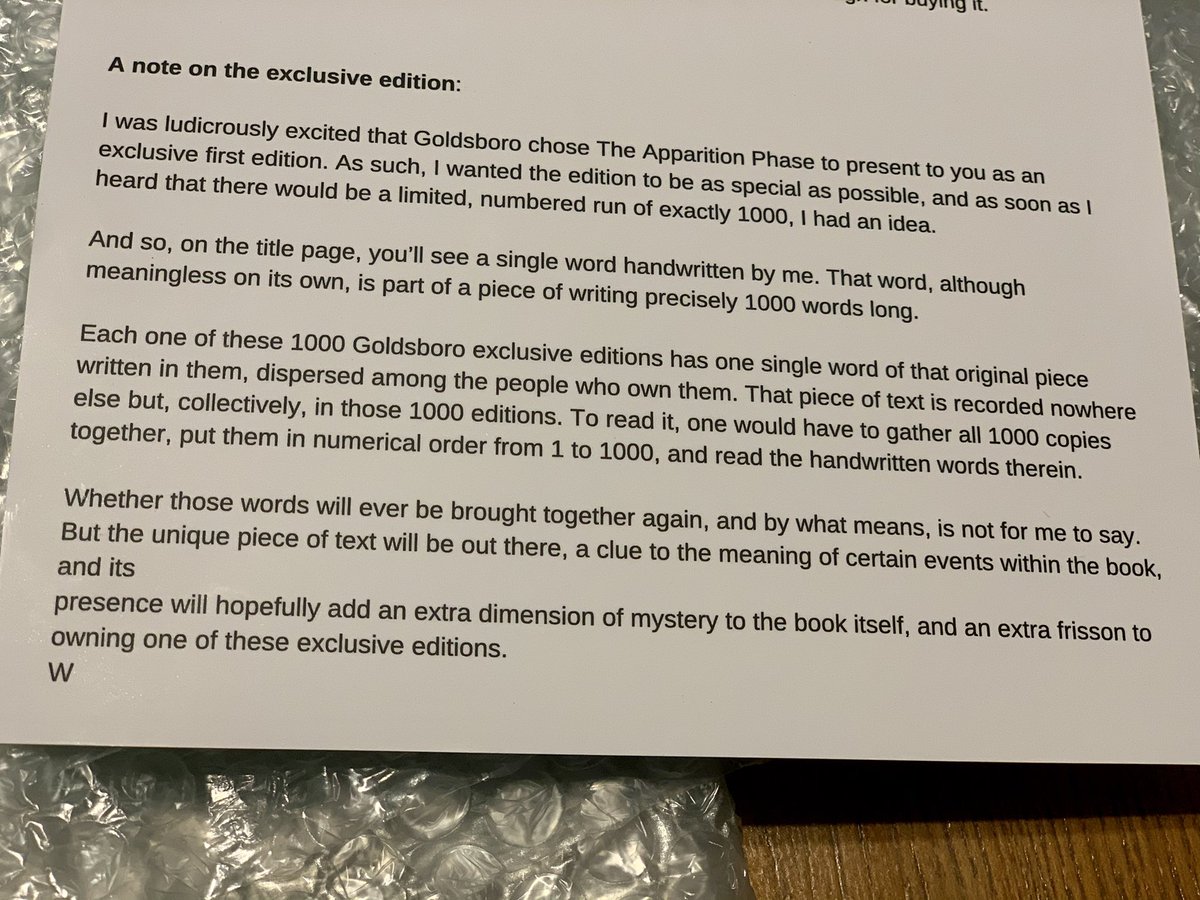 lovedreadinthis's tweet photo. Still talking about The Apparition Phase, we have over 70 words now, but still lots more needed.  In the signed @GoldsboroBooks copy of the book, is 1 word, 1000 signed copies = 1000 word story.
Helps us collect the words.
Please Retweet. Thanks https://t.co/1HFqp7DRNc