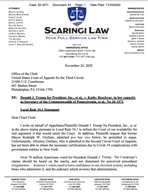 New: The Trump campaign filed a three-page letter in the 3rd Circuit this morning requesting oral argument in its big case trying to undo Biden's win in PA:  https://assets.documentcloud.org/documents/7332747/11-25-20-Trump-Campaign-Letter-3rd-Circuit.pdf There is a lot to unpack here, too much for one tweet, so bear with me