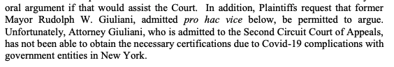 The 3rd Circuit doesn't let lawyers who aren't members of the court's bar to appear unless they're pro bono. Trump's legal team still asks to let Rudy Giuliani argue, saying he hasn't been able to get the "necessary certifications due to Covid-19 complications"