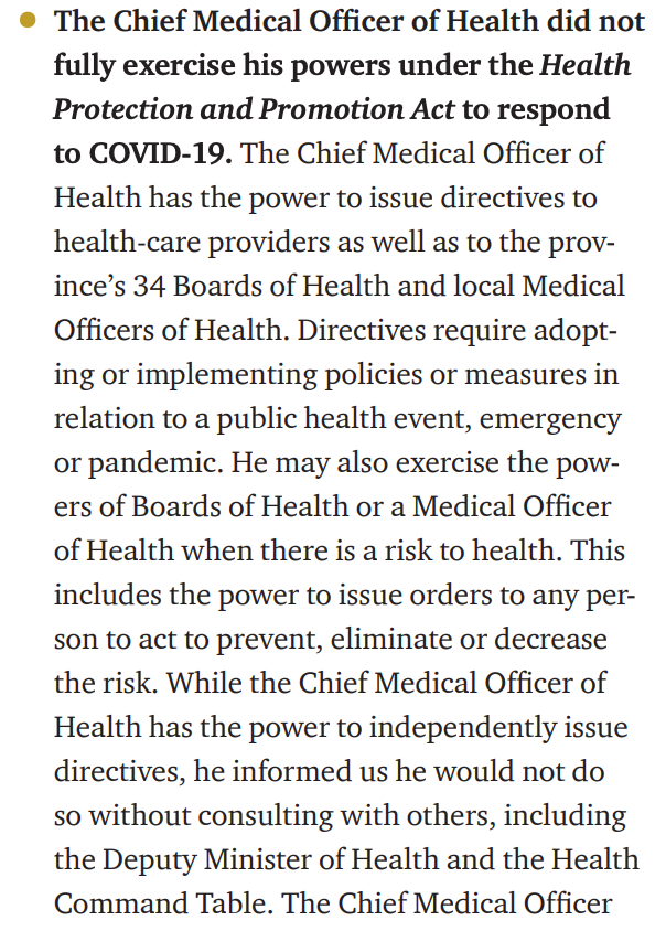 Instead the premier and cabinet are running the show, the AG found, while public health experts have seen their roles diminished or sidelined. This runs counter to the premier saying he's only following doctor's orders. Here are some passages from the report: