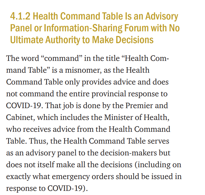 Instead the premier and cabinet are running the show, the AG found, while public health experts have seen their roles diminished or sidelined. This runs counter to the premier saying he's only following doctor's orders. Here are some passages from the report: