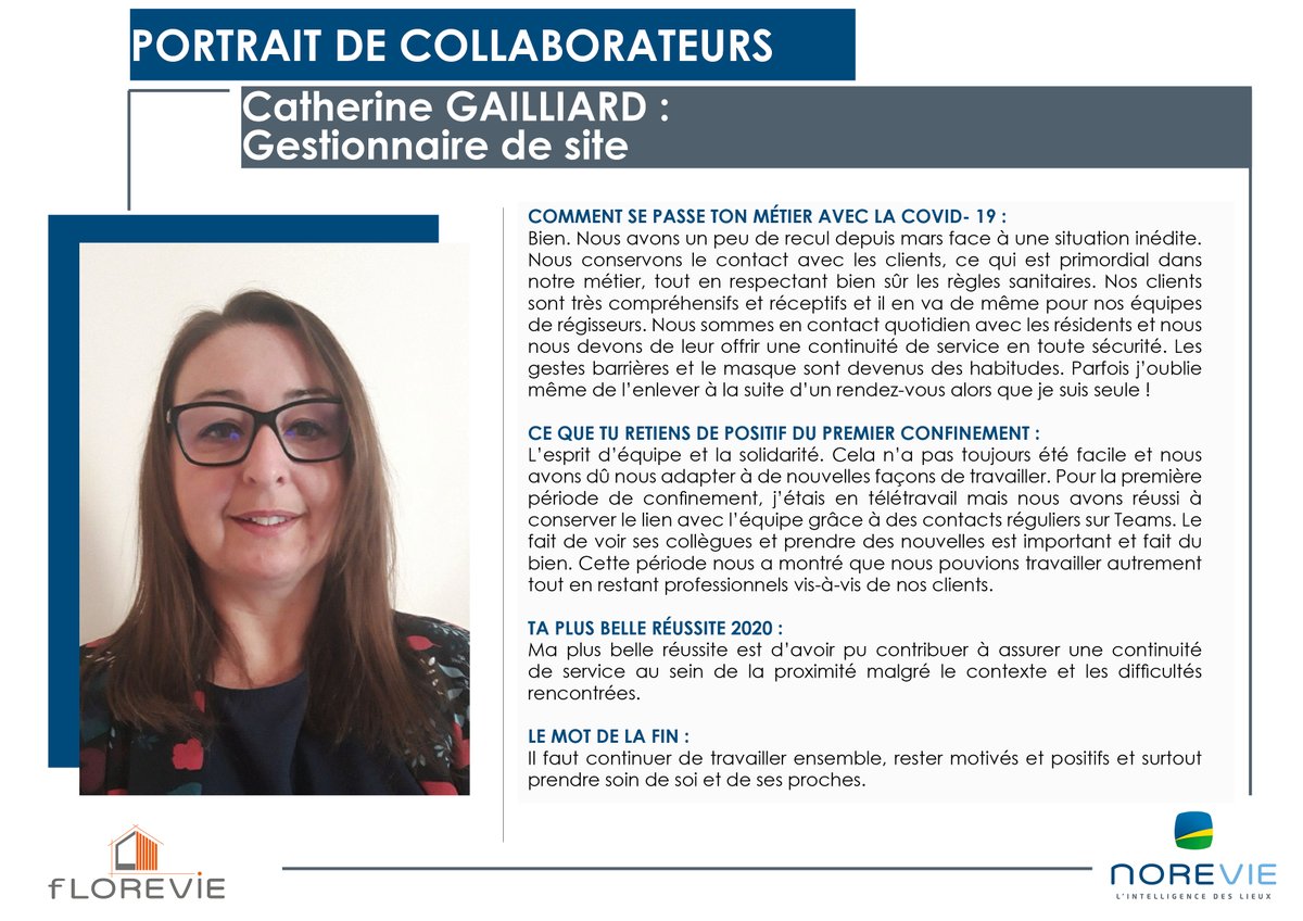 Norevie_esh's tweet photo. [PORTRAIT DE COLLABORATEURS]
Nous poursuivons notre série portrait de collaborateurs avec aujourd'hui le témoignage de Catherine Gailliard, Gestionnaire de site chez @Norevie_esh . 
Elle nous explique les évolutions de son métier durant cette année particulière.

@Groupe_Arcade https://t.co/ZSYsGVodEX