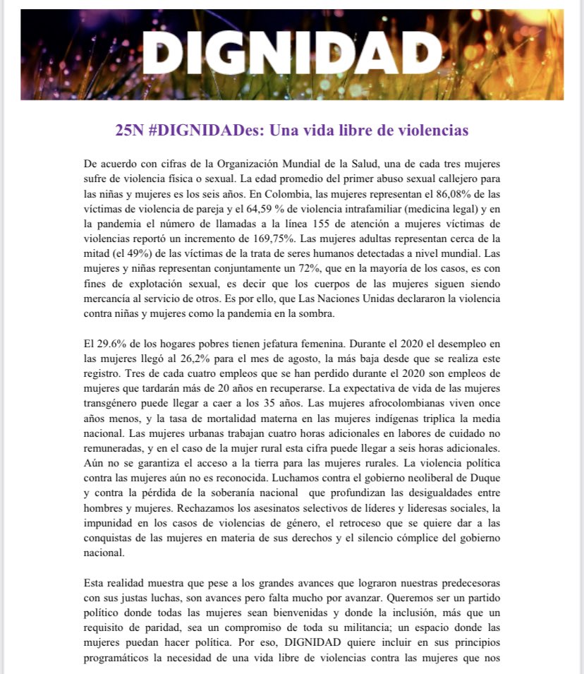 dignidadycomp's tweet photo. Comunicado de @DIGNIDAD_col en el día internacional de la eliminación de las violencias contra las mujeres 

“25N #DIGNIDADes: una vida libre de violencias” https://t.co/XbhcKIZ3vn
