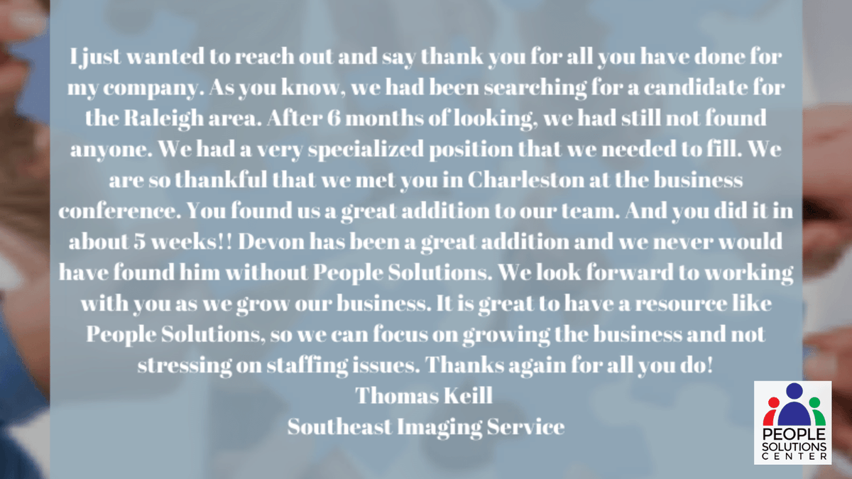 PplSolutionsCtr's tweet photo. If, like Thomas, you could use some assistance finding the perfect candidate for your open position... give us a call! We'll use our expert recruiting strategies to pinpoint the ideal fit for the role. (314) 302-5969 https://t.co/TEdNoZWlOY