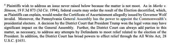 Footnote #4 argues the case isn't moot now that PA has certified the election results, even though the relief sought in the 1AC is to stop certification from happening (the 2AC that they want to pursue alternatively asks for the state legislature to choose electors)