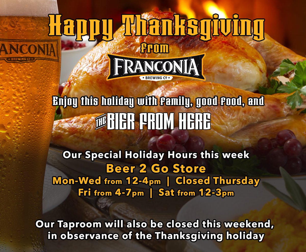 Happy Thanksgiving From The Franconia Brewing Company Family 🍻🍻🍻.
Enjoy this holiday with family, good food, and THE BIER FROM HERE.

See post for details @franconiabrewing instagram.com/p/CIBJG8XrEC0/…