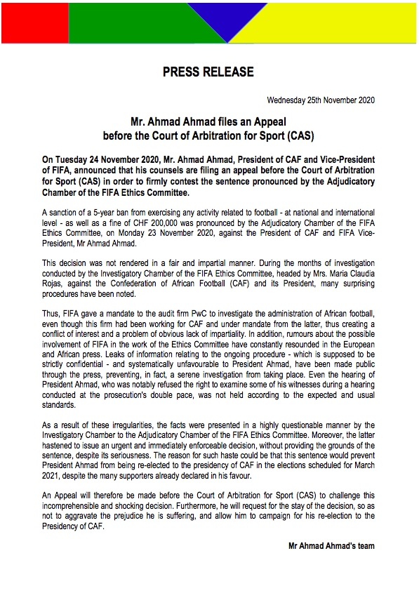 I challenge the sanction that has been imposed. Beyond my case, it is the self-determination of #football in #Africa that is under attack.