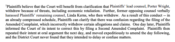 The first footnote argues there was no undue delay in filing the 2nd amended complaint b/c given the shifting makeup of the campaign's legal team, there was "confusion" that led to the filing of the 1st amended complaint, which removed sections and a number of counts