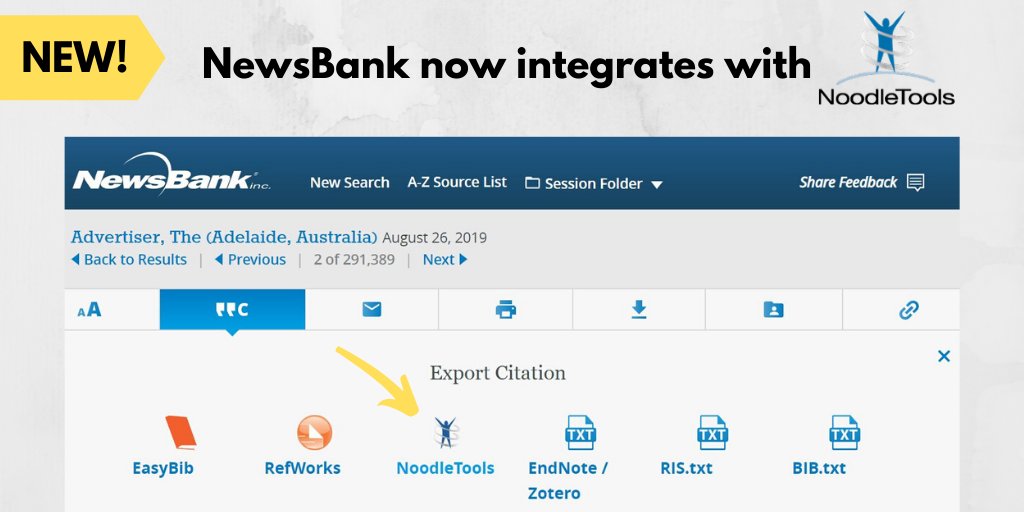 NewsBank's tweet photo. Did you know? We have partnered with @noodletools to create a seamless integration in our products! Students can now use their #NoodleTools account to create and store citations with just one click. https://t.co/Cxf5VTKBiD