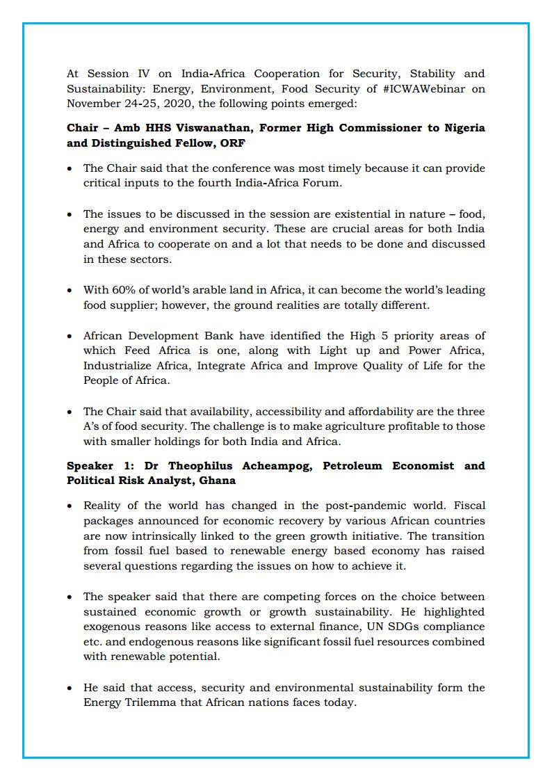 ICWA_NewDelhi's tweet photo. At Session IV on India-Africa Cooperation for Security, Stability and Sustainability: Energy, Environment, Food Security of #ICWAWebinar on November 24-25, 2020, the following points emerged: https://t.co/DKFlxz7lW4