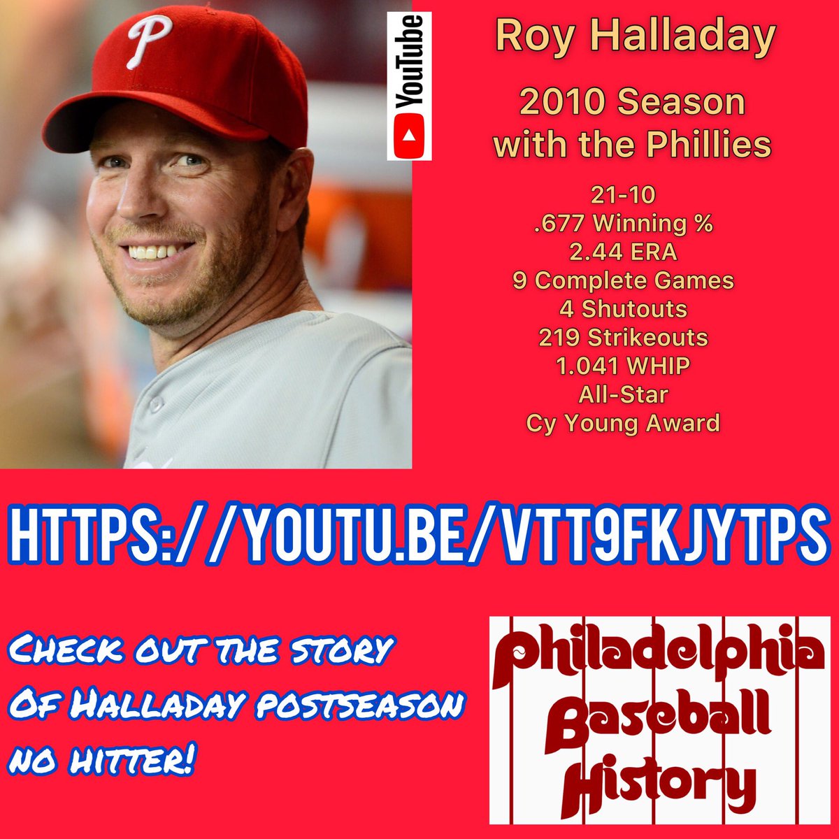 PhilBaseBallHis's tweet photo. In 2010, Roy Halladay made history!  Twice. This is the story of the magic Halladay brought to the #Phillies postseason:

https://t.co/nzNX3RMgfA

#RoyHalladay
#PostseasonNoHitters
#PlayoffNoHitters
#PlayoffMagic
#PhilliesNoHitters
#PhilliesPitchers
#PhilliesTalk https://t.co/LPMLeb1Eeb