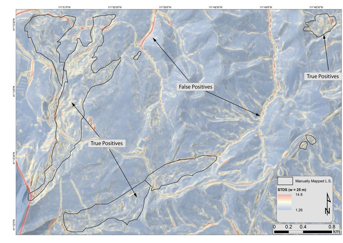 I settled on using several different approaches to measuring land surface roughness:1) standard deviation of slope2) root-mean squared height3) continuous wavelet transform3) directional cosine eigen vectorFigure below is roughness map of landslides in Utah.