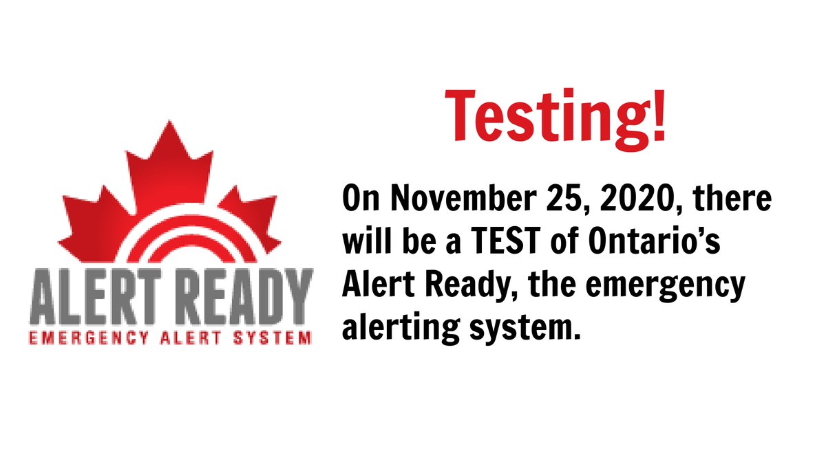 RegionWaterloo's tweet image. There will be an #AlertReadyTest today (Nov. 25) of Ontario’s Alert Ready, the emergency alerting system. The test message will be distributed over tv, radio &amp;amp; compatible wireless devices &amp;amp; will occur in Ont. @ 12:55 pm (EST). Please visit alertready.ca for more info.