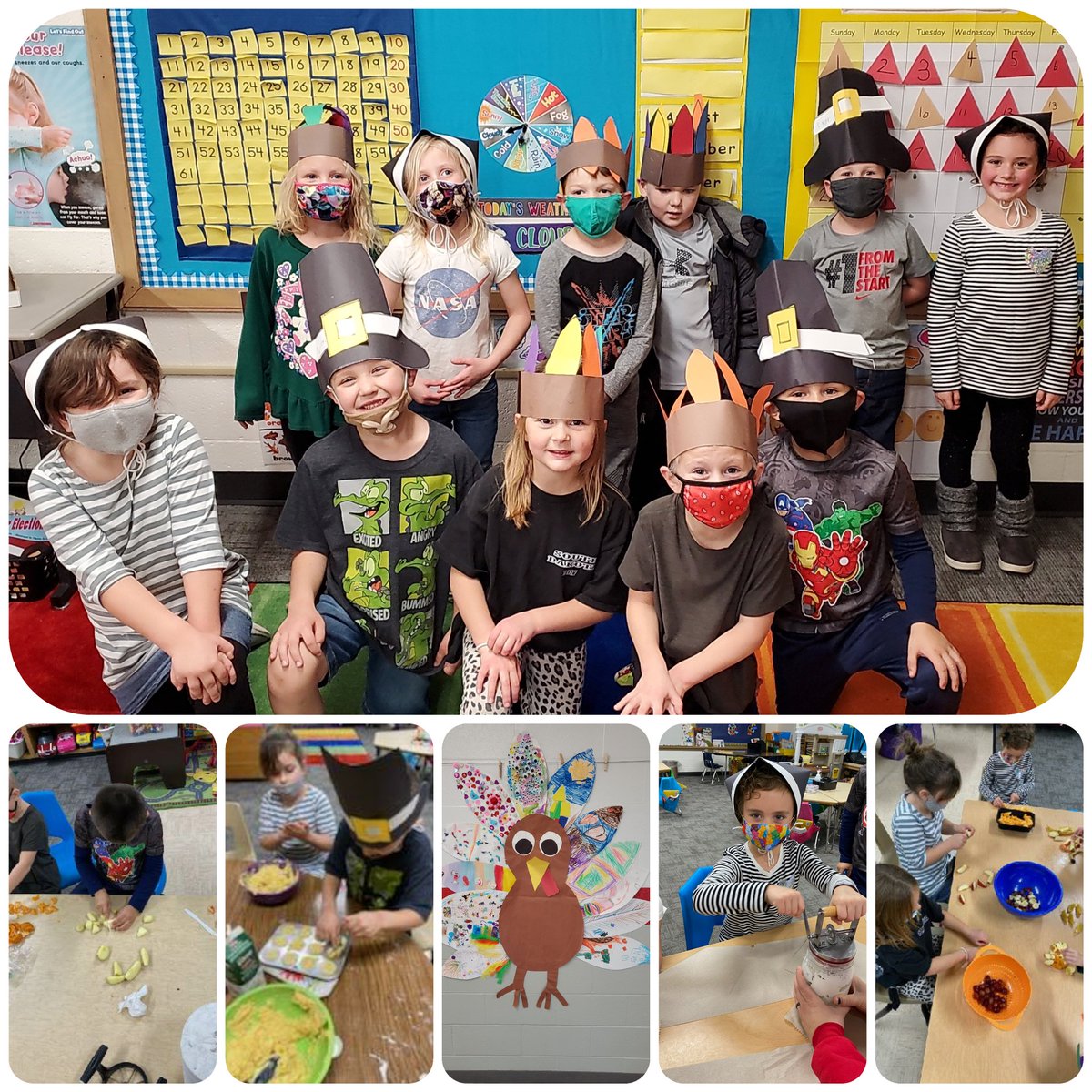 WabsKatie's tweet photo. The Kindergarteners were excited to celebrate Thanksgiving. They created and enjoyed their very own feast dressed as Pilgrims and Native Americans.  They also decorated feathers for their hallway turkey, Tom.  Wishing everyone a Happy Thanksgiving! 🦃 #Thanksgiving #Kindergarten https://t.co/irsfFHZwbd