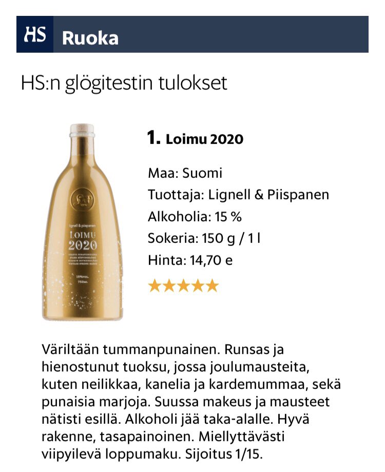 Aamun Hesaria mukava odottaa, kun tällainen uutinen löytyi ennakkoon jo <a href="/hsfi/">Helsingin Sanomat</a> Ihan mahtavaa!Iso kiitos <a href="/lignellpiisp/">Lignell & Piispanen</a> tiimille upeasta työstä. #loimu2020 #glögi #perheyritys #joulu #metsästälasiin #glögitesti #alkoholi