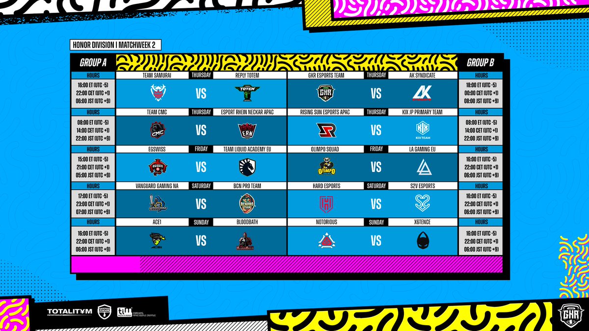 🏆 Matchweek 2
🔹 Honor Division

▶ <a href="/EGSwiss/">EGSwiss</a> VS <a href="/TeamLiquid/">Team Liquid</a> Academy EU
▶ <a href="/OlimpoSquad/">Olimpo Squad⚡️</a> VS @LAEsportsOP 

🔴 STREAM: twitch.tv/gkrleagues